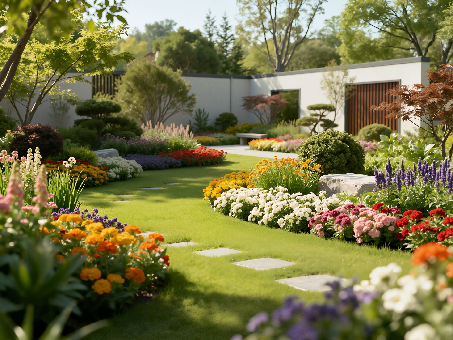 A 3D render of a beautiful contemporary garden featuring square stepping stones on lush green lawn, bordered by vibrant flowering beds and clean white walls