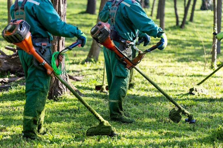 Professional groundskeeping crew wearing protective uniforms in a park setting