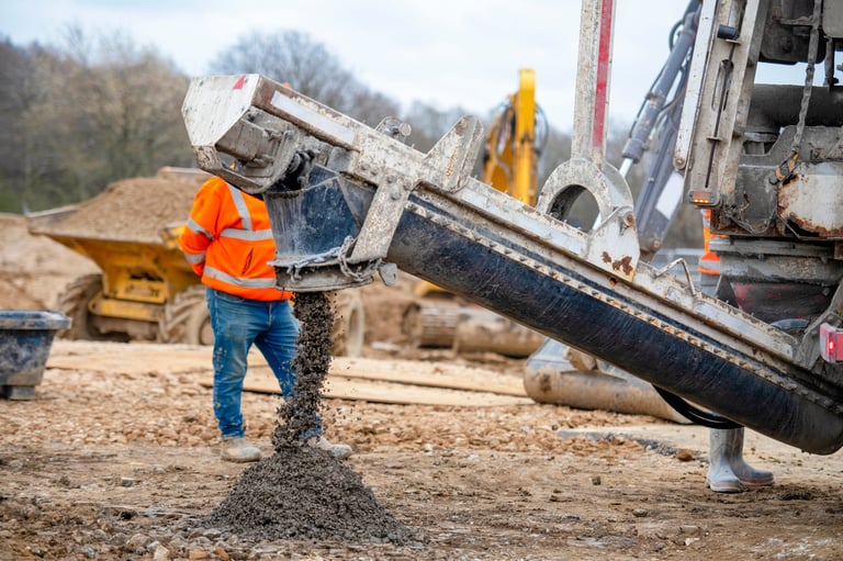 Workers are pouring concrete from a truck at a construction site located in a rural area. The work is ongoing with various machinery around.
