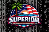 Superior Property Maintenance LLC logo featuring a palm tree, American flag, sun, and water on a shield-shaped badge with a textured black background