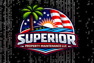 Superior Property Maintenance LLC logo featuring a palm tree, American flag, sun, and water on a shield-shaped badge with a textured black background