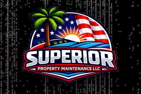 Superior Property Maintenance LLC logo featuring a palm tree, American flag, sun, and water on a shield-shaped badge with a textured black background