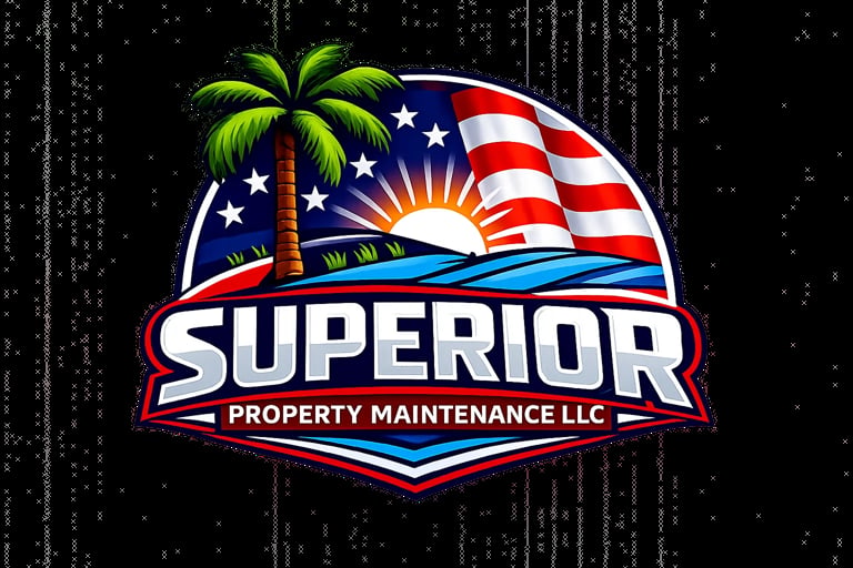 Superior Property Maintenance LLC logo featuring a palm tree, American flag, sun, and water on a shield-shaped badge with a textured black background